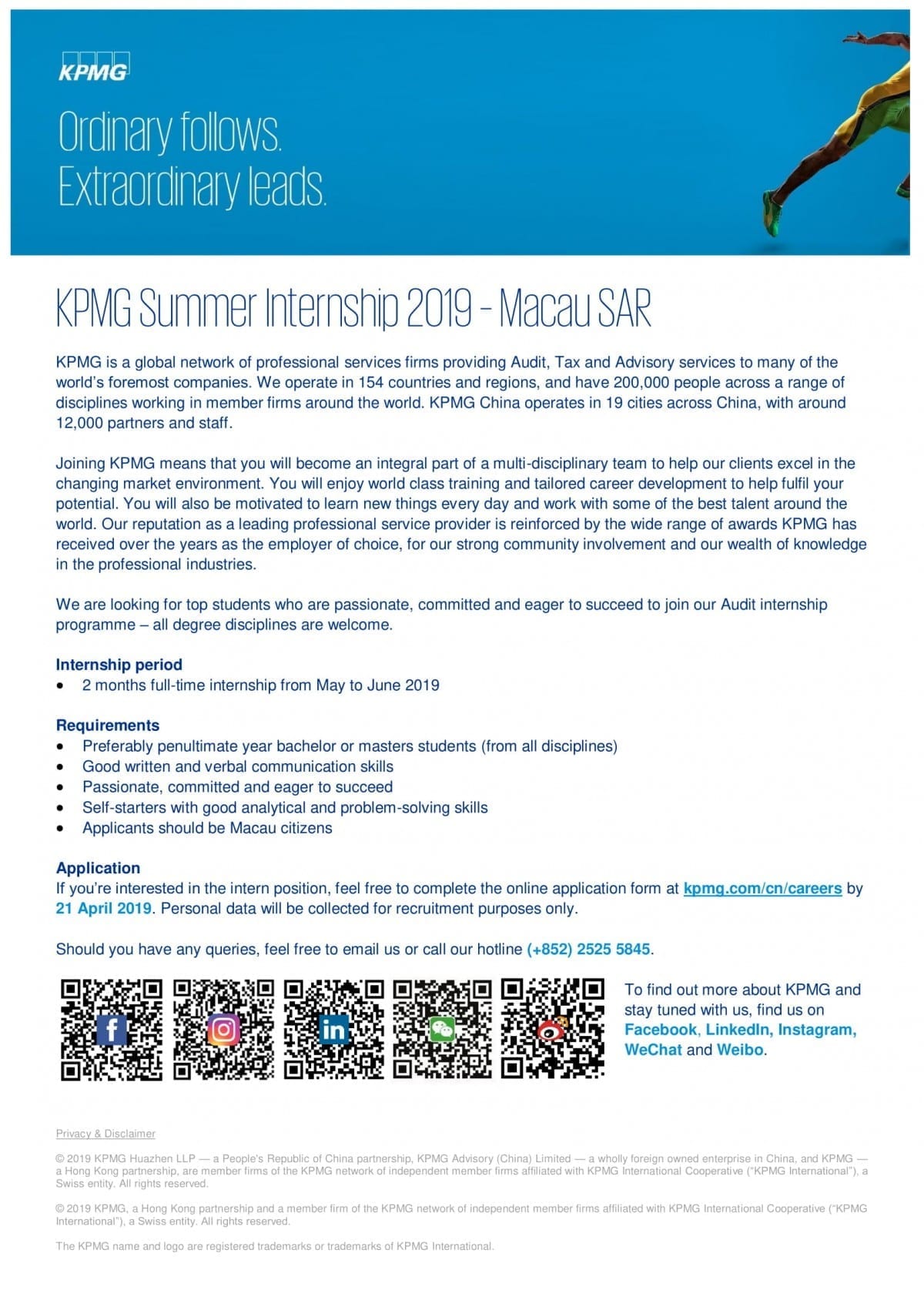 KPMG Summer Internship 2019 (Deadline 21 April 2019) Faculty of